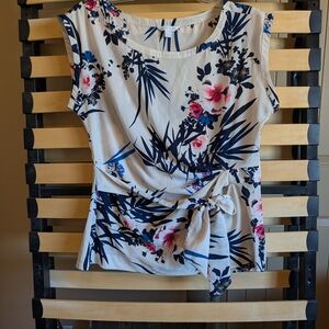 New York & Company Floral Tie-Front Blouse - Cream and Blue